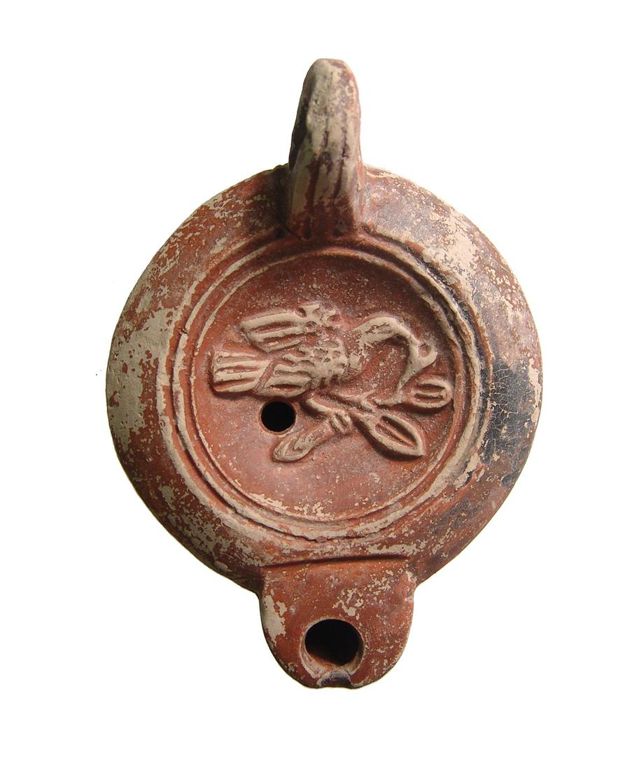 Roman discus lamp depicting bird feeding on branch (1 of 2)