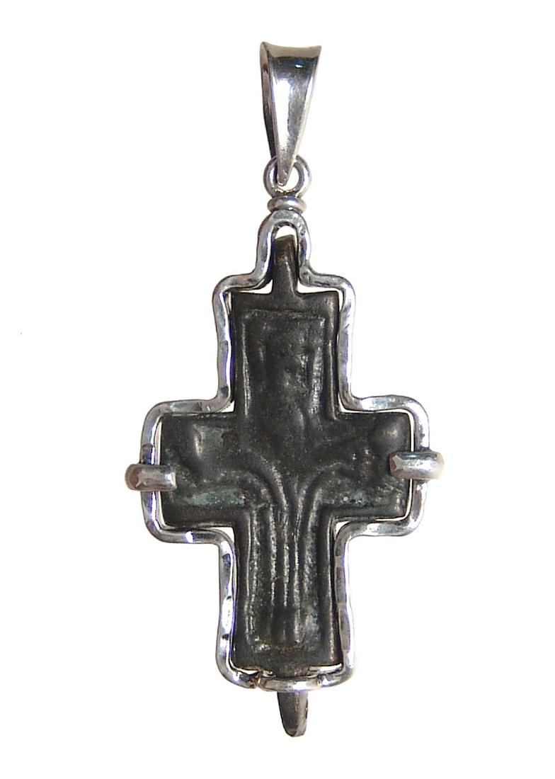 Byzantine bronze cross in a custom silver pendant (1 of 2)