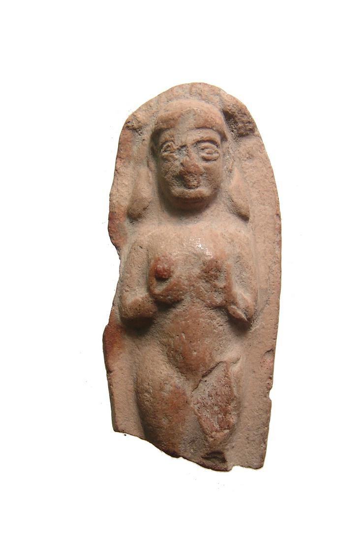 Old Babylonian terracotta plaque depicting Astarte: An Old Babylonian terracotta plaque depicting Astarte, c. 1900 - 1750 BC, frontally molded, depicted nude with hands on her breasts, face and hair nicely detailed. H: 2 7/8 in (7.3 cm). Ex German priv
