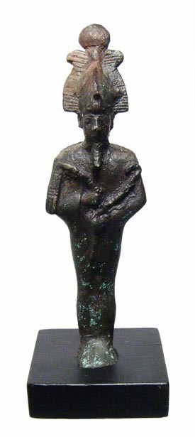 Egypt. Nice bronze figure of the god Osiris: A nice bronze figure of the god Osiris, Late Period, c. 664 – 343 BC, mummiform, wearing Atef crown with uraeus and false beard and holding crook and flail. Well detailed with a glossy brown patina.