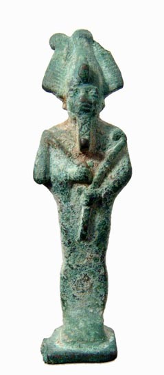 Egypt. Attractive bronze amulet of Osiris: A bronze amulet of the god Osiris, Late period, c. 664 – 30 BC, mummiform, wearing Atef crown with uraeus and false beard and holding crook and flail. Extremely well detailed with an attractive two-