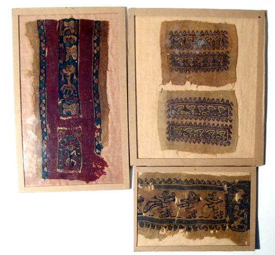 Lot of 3 framed Coptic textiles, Roman Egypt: A lot of 3 framed Coptic textiles, Roman Egypt, 5th – 6th Century AD, each with intricately woven scene in wool and linen. The largest with deep brick red, green, black and orange. Each textile is m