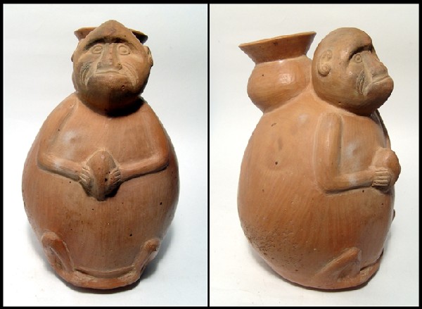 Lovely Chimu-Inca figural vessel from Peru: A lovely Chimu-Inca figural vessel from Peru, c. AD 1100 – 1300. This exceptional orange ware vessel depicts a seated individual carrying a large olla on his back. His expressive face is age lined, 