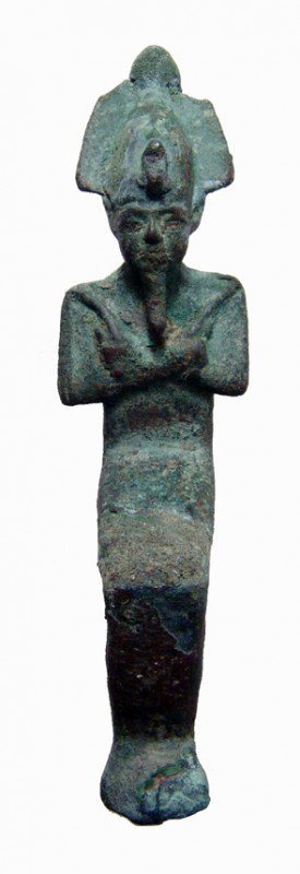 Egypt Late Period, seated bronze figure of Osiris: A seated bronze figure of Osiris, Late Period, c. 664-323 BC. He is depicted mummiform, wearing Atef crown & false beard, arms folded across his chest with hands holding crook and flail. Some restorat
