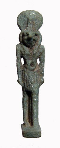 Egypt Beautifully detailed amulet of the god Horus: A beautifully detailed amulet of the god Horus, Late Period, c. 664 - 30 BC, wearing a solar disc and uraeus headdress and short kilt. Intact with nice light blue-green glaze. H: 1 1/16" (2.8 cm). Ex 