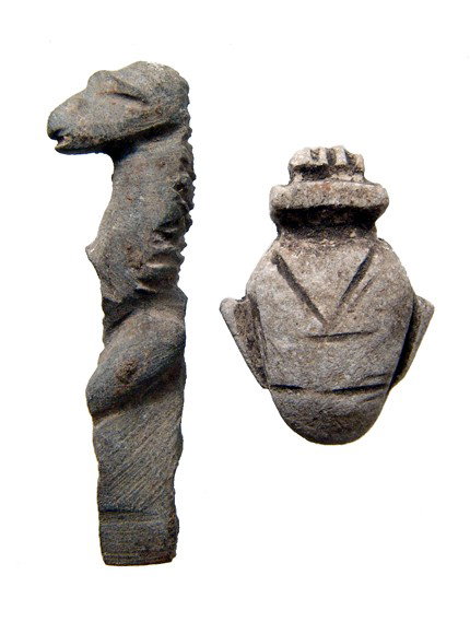 Egypt Stone heart or" IB' and an amulet of a baboon: A stone heart or "IB" and an amulet of a baboon, 2nd Intermediate Period. The heart amulet is nicely rendered with the back side flat, L: 1 1/8" (2.8 cm), and the baboon, which is a form of the god Th