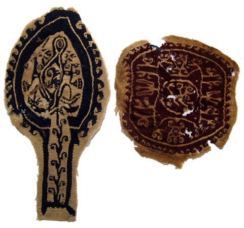 Pair of Coptic textile panels, Roman Egypt: A pair of Coptic textile panels, Roman Egypt, c. 5th - 7th Century AD, each with floral and animal motifs against a beige background. Lengths 7 1/4" (18.5 cm) & 4 1/4" (10.6 cm). Ex old English collec