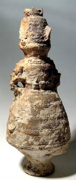 Byzantine terracotta amphora found in the sea: A terracotta amphora found in the sea, Byzantine, c. 7th - 10th Century AD. The vessel has a bell-shaped lower body with small flared foot, the upper portion consisting of two barrel-shaped sections w