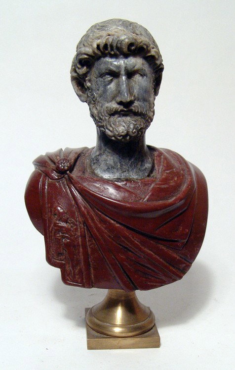 Marble and bronze bust of Marcus Aurelius: A choice marble and bronze portrait bust of Marcus Aurelius, Italian, 19th Century. Beautifully carved features with sharp details, his toga fastened by a rosette-shaped fibula, the stripe decorated w