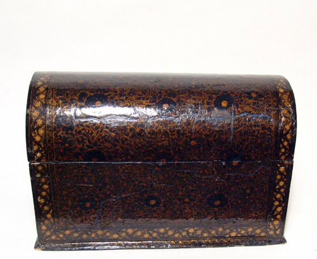 A beautiful lacquered domed box, c. 1900: A beautiful lacquered domed box, c. 1900, with internal compartment divided into two sections, perhaps for letters. Intact, some minor weathering to one corner. L: 6 1/4" (15.8 cm); H: 10" (25.5 cm).