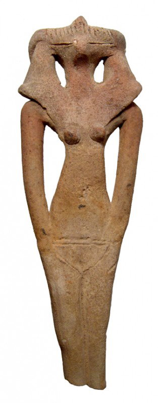Ancient Egyptian terracotta fertility "Doll": A nice terracotta fertility "doll", 2nd Intermediate Period, c. 1630-1539 BC, with bird-like features and stylized hair and head covering. Her arms at straight at her side and her small breast are cle
