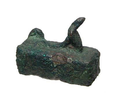 Ancient Egyptian bronze cobra sarcophagus: A bronze cobra sarcophagus, Late Period, c. 664-30 BC. Of rectangular form with suspension loop at one corner. On top, an erect cobra with body trailing behind. Intact with heavy deposits and encrusta