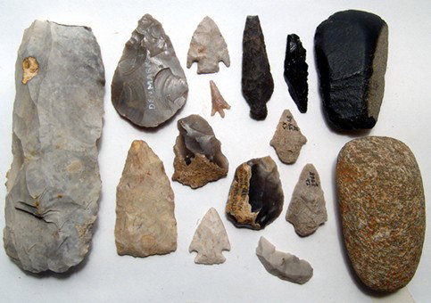 Group of Neolithic stone tools from Denmark: A group of Neolithic stone tools. Group includes 14 pieces, mostly from Denmark, a few from other places such as Late Neolithic polished black stone axe. A good study group as most have notes written 