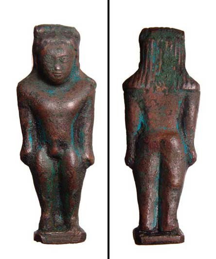 Bronze figure of Kore, Eastern Mediterranean: Bronze figure of Kore, Eastern Mediterranean, c.5th-4th Century BC, with stiff pose-hands to sides and feet together. Probably a Phoenician or Syrian piece with Greek influence. Nice brown patina. H: 