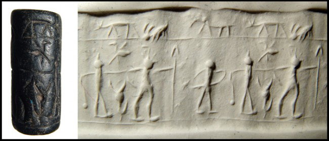 Interesting black steatite cylinder seal, Syria: An interesting black steatite cylinder seal, Syria, c.3rd Millennium BC, with stylized male figures holding spears and clasping hands over a bucranium. Behind them what appears to be a female figure h