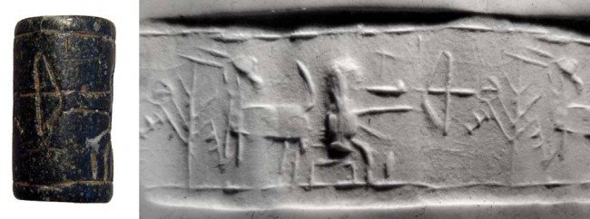 Black serpentine cylinder seal, Syria: A black serpentine cylinder seal, Syria, c. 2nd Millennium BC, depicting a seated figure, horned goat and a tree, drawn bow in the field before the seated figure. Intact, provincial style. L: 21mm. Ex