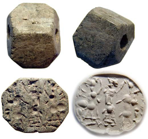 Serpentine stamp seal with animals, Syria: A greenish serpentine stamp seal, Syria, early 2nd Millennium BC, the base with bow-drilled figures and animals. The top with angles sides and pierced for suspension. 38 x 31 x 19mm. Ex Northern Calif