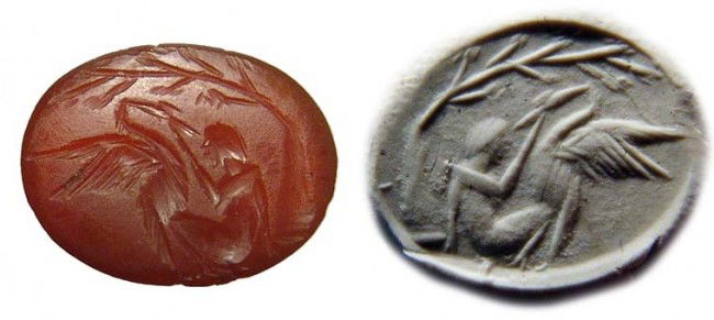 Roman carnelian intaglio, Leda and the Swan: A choice Roman carnelian intaglio with Leda and the Swan, c. 1st - 2nd Century AD. A nice stone, the figures nicely incised beneath a tree, whose branches stretch overhead. 15 x 11mm. Ex Northern Cali