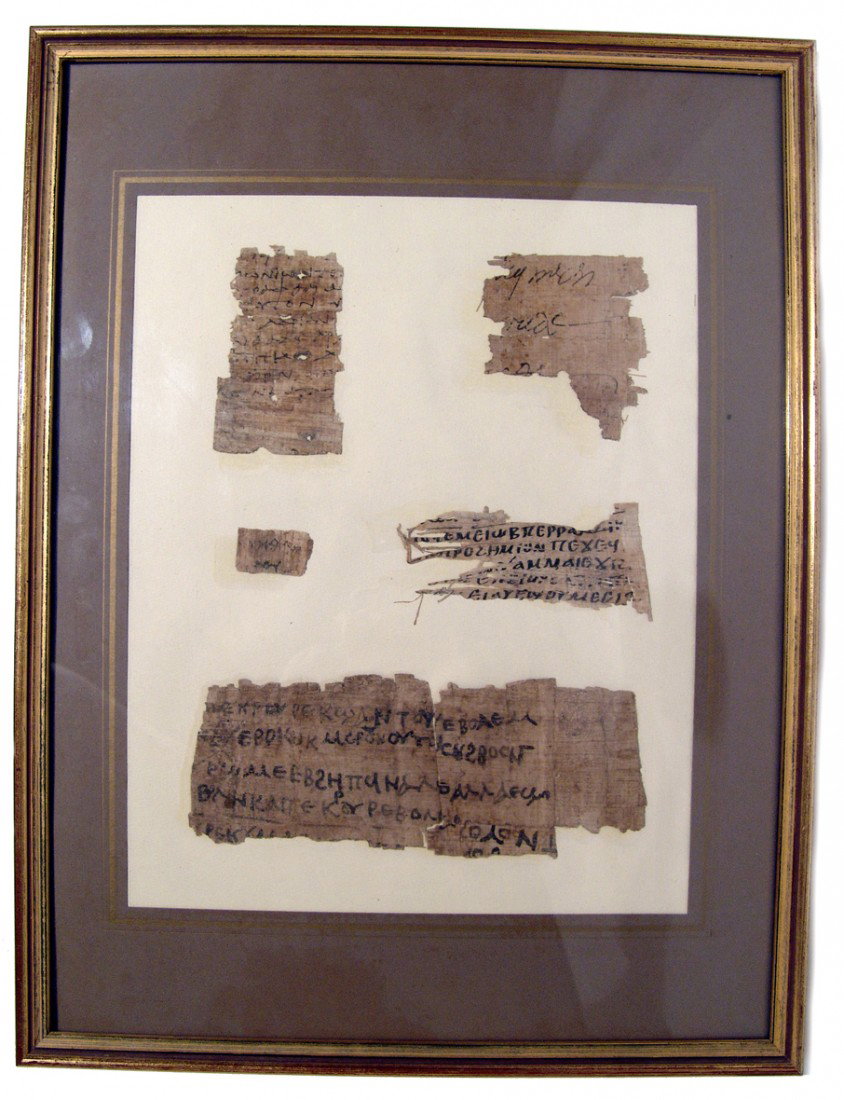 Egypt. 5 large framed papyrus fragments,Greek script: A group of 5 framed papyrus fragments with Greek script from Egypt. Two are from the Ptolemaic Period, c. 4th - 1st Century BC and show bold characters, the other three of the fragments show nice curs