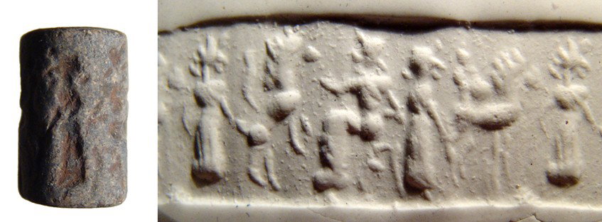 Syrian black serpentine cylinder seal: A Syrian black serpentine cylinder seal, late 3rd Millennium BC, depicting a seated figure with a rampant lion before him. Behind the lion stands another figure wearing a spiked headdress, placing rt.