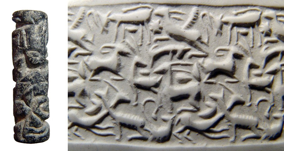 Serpentine cylinder seal, deeply cut animals: A nice black serpentine cylinder seal with deeply cut animals, Syria, early 2nd Millennium BC. A lovely seal with a myriad of beasts, each elegantly rendered, many intertwined with another. H: 34mm. I