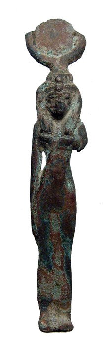 Egyptian bronze figure of the goddess Hathor: An Egyptian bronze figure of the goddess Hathor, Late Period, c. 664 - 343 BC, wearing tight-fitting gown and wearing solar disc and horns. H: 3 3/8" (8.6 cm). Loss to left arm and ends of horns. A ni