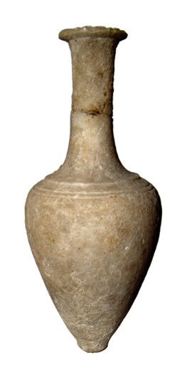 Cypriot alabaster vessel, c. 1450-1200 Cent. BC: A Cypriot alabaster vessel, c. 1450 - 1200 Century BC, with no handles, inverted ovoid body and slender neck with small, flared mouth. The shoulder is decorated with concentric rings and the small foo
