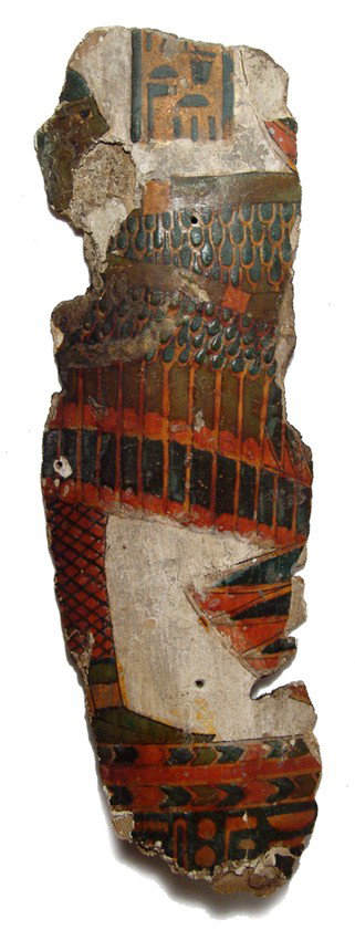Egypt. Nice cartonnage panel from a sarcophagus: A very nice polychrome cartonnage panel from a sarcophagus, 3rd Intermediate Period, c. 1075 - 664 BC, with the goddess Ma'at standing with wings forward, a column of beautifully rendered hieroglyphic