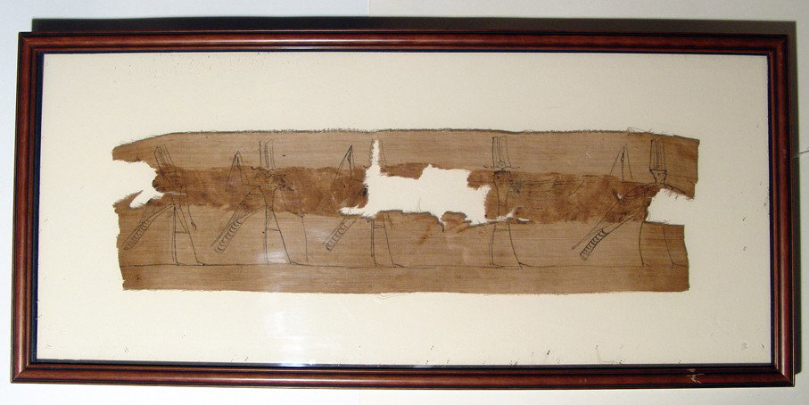 Egyptian linen binding fragment with gods: An Egyptian linen binding fragment with 5 images of gods, Roman Period, c. 1st - 2nd Century AD, each nicely drawn in black. Along with Amun-Re are two multi-headed deities and the central figure with