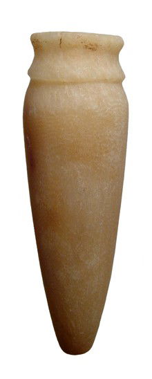 Egypt. Early dynastic alabaster cosmetic jar: An early dynastic alabaster cosmetic jar, c. 3000 - 2800 BC, with tapered body with rounded base, the neck collared with lower ledge matching width of rim. H: 4 3/8" (11.1 cm). Light deposits inside.