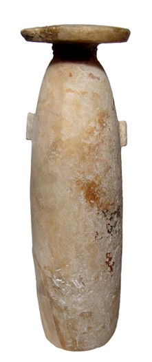 Egypt. Large Egyptian alabaster Alabastron: A large Egyptian alabaster Alabastron, Late Period, 6th - 4th Century BC, with a long cylindrical body, flat disc rim and two vestigial handles. H: 9" (22.9 cm). Some repair to the rim and some restor