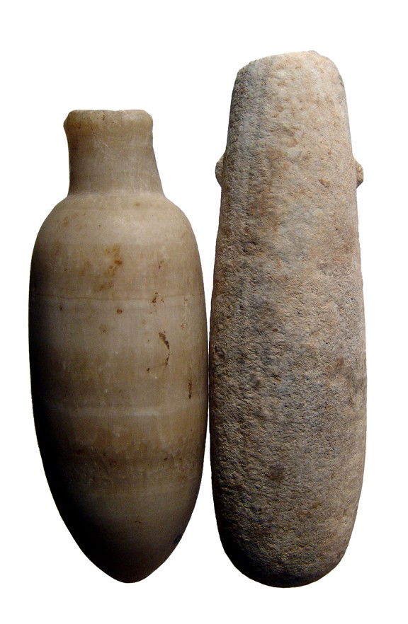 Pair of Egyptian alabaster cosmetic jars: A pair of alabaster cosmetic jars, Late Period, c. 664 - 30 BC, both with losses to the mouth and neck. One with nice surfaces and color with old collection numbers in Arabic. L: 4 1/2" (11.4 cm) & 4