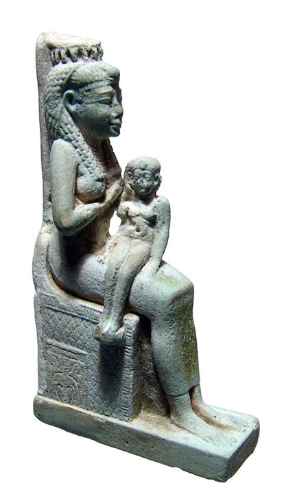 Large and very beautiful faience amulet of Isis: A large and very beautiful faience amulet of the goddess Isis, Saite, Dynasty 26, c. 664 - 535 BC, suckling the infant Horus who sits on her lap. She wears a vulture headdress and tight fitting gown a