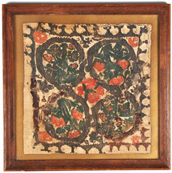 Coptic textile, Ex Santa Barbara Museum of Art: A colorful Coptic textile panel, ex-Santa Barbara Museum of Art, Egypt, c. 5th - 7th Century AD, nicely mounted within an antique frame. The linen and wool panel is decorated with four medallions, eac