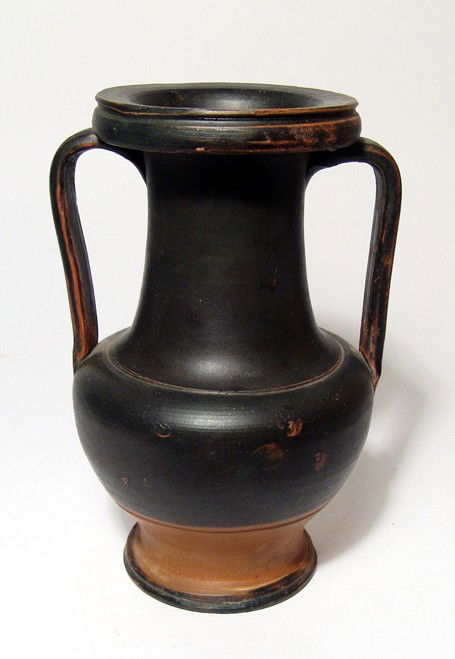 Attractive Greek amphora, 4th Century BC: An attractive Greek amphora, 4th Century BC, with a deep orange clay body and nicely slipped in black. H: 6 1/8" (15.5 cm). Ex Dr. Gilles Collection, Germany, acquired during the 1950's and 1960's