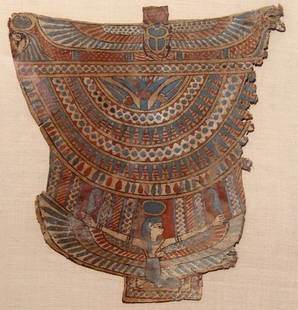 Egypt, large framed colorful cartonnage panel: A large framed colorful cartonnage panel, Late Period, c. 664 - 30 BC, with a multi-layered broad color, lotus and a winged scarab above, the goddess Ma'at, who kneels with wings outstretched, each ha