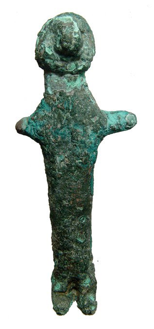Bronze votive figure of a man, Western Iran: A bronze votive figure of a man, Western Iran, early 1st Millennium BC, with typically crude modeling and thick patination. H: 3 1/2" (8.9 cm). Cf. Moorey, Ancient Persian Bronzes in the Adams Collect