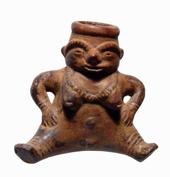 Tairona nude seated female figure, Colombia: A nice Tairona nude seated female figure, Colombia, ca. AD 1,000 - 1,500, legs spread apart and hands on hips. She wears bracelets, anklets and a necklace, her features a bit stylized. Intact, nice ag