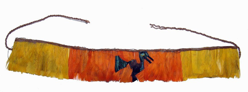 Colorful Nazca feathered head band, Peru: A colorful Nazca feathered head band, Peru, c. AD 400 - 600. A very attractive example with a bird in deep black feathers set against the bright orange and yellow, eye delineated with turquoise. Feath