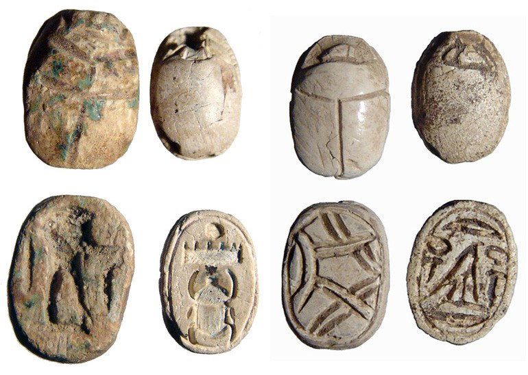 Lot of 4 Egyptian steatite scarabs: A lot of 4 Egyptian steatite scarabs. The first is a nicely carved New Kingdom scarab with the prenomen of pharaoh Thutmose III, 11x8mm; the second is a steatite scarab from the Levante, 1st Millenniu
