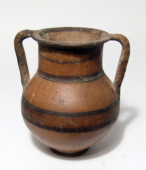Attractive Cypro-Geometric III amphora, Cyprus: An attractive Cypro-Geometric III amphora, Cyprus, c. 850 - 750 BC, the body round with raised foot, tubular neck and flattened rim. The handles straight and well-formed. Nicely decorated with charact
