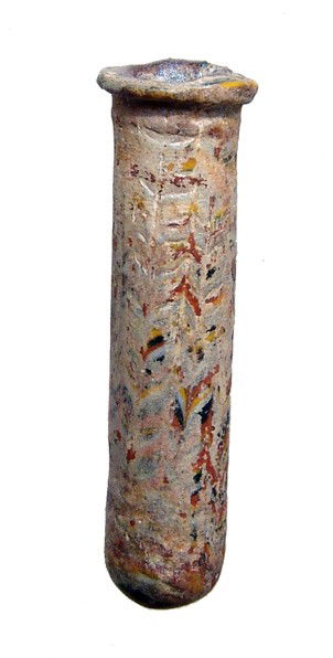 Core-glass banded vial, Eastern Mediterranean: A nice core-glass banded vial, Eastern Mediterranean, c. 3rd - 2nd Century BC. An attractive vessel of tubular form, the base rounded, the mouth straight with flattened rim. Nice combed zigzag pattern