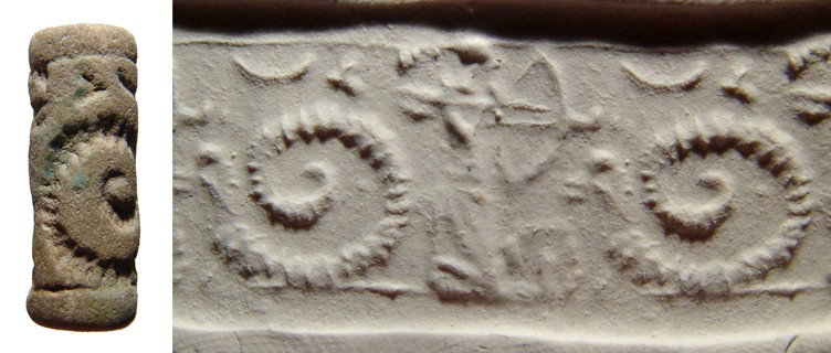 Nice Neo-Assyrian faience cylinder seal: A nice Neo-Assyrian faience cylinder seal, c 9th - 8th Century BC, depicting an archer and a large coiled serpent. Intact with light blue-green glaze remaining. L: 25mm. Nice for the type! Ex Los Ange