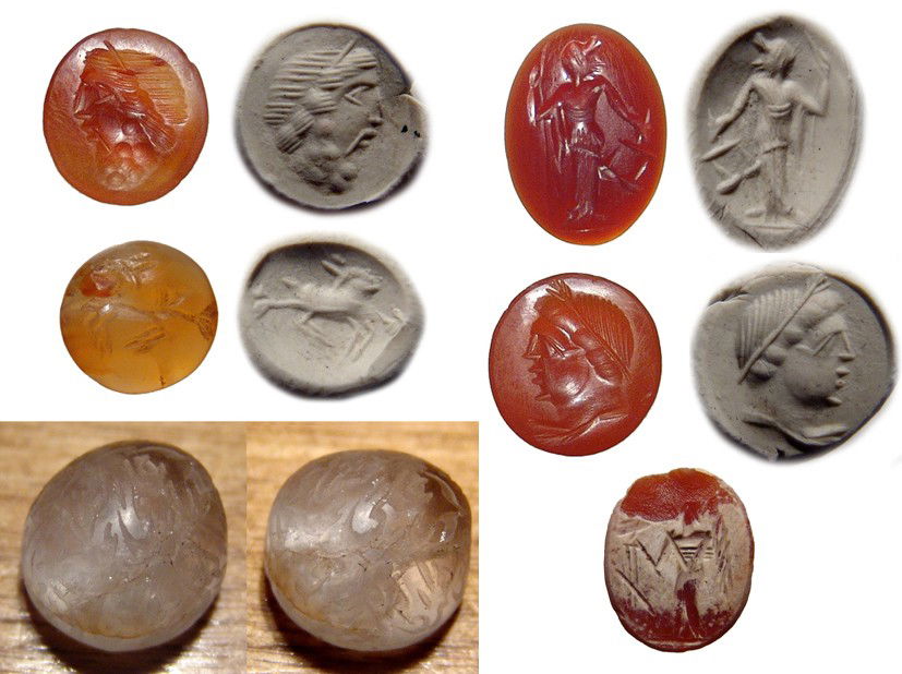 6 Intaglios, Roman, Sasanian & Islamic: A lot of 6 Intaglios, Roman, Sasanian & Islamic. Lot includes a Roman carnelian intaglio with bearded male head, 2nd - 3rd Century AD, nicely carved and quite attractive. 11.5 x 10 mm; a deep red-oran