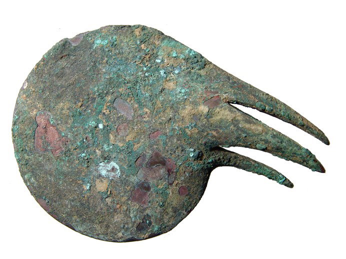 Bactrian bronze mace-head with spiked base: A choice Bactrian bronze mace-head with spiked base, Early 2nd Millennium BC, the body rounded with very narrow edge. The base of the weapon is spiked sleeve to fit onto the weapon's shaft. Intact and