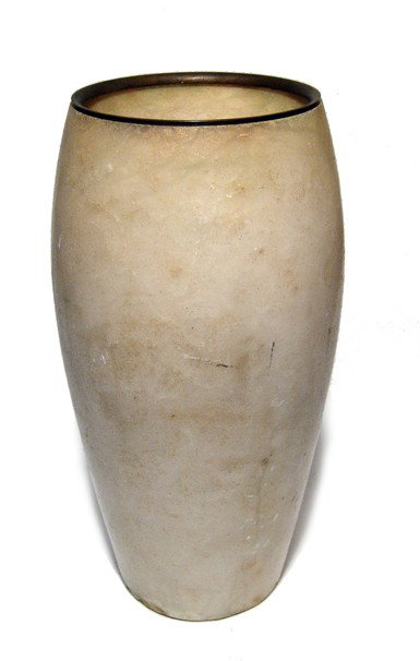 300 Ancient Middle Kingdom alabaster canopic jar: A heavy Middle Kingdom alabaster base from a canopic jar, c. 1980 - 1630 BC, of elegant shape, with a brass rim fitted in a later period. The lower portion of the inside with much original deposit, th