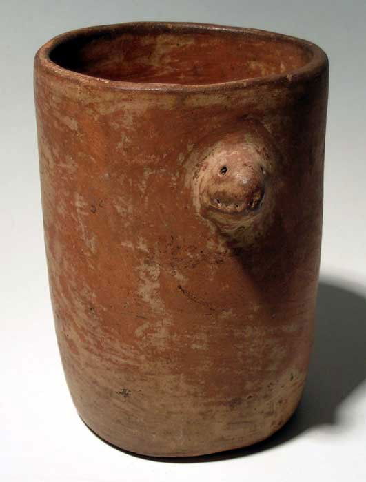 Fine Maya cylinder jar from El Salvador: A fine Maya cylinder jar from El Salvador, c. AD 250 - 900, nicely adorned with two protruding turtle heads. H: 5 1/4" (13.3 cm). Intact, with areas of cream slip and good mineral deposits. Ex Lee Tan