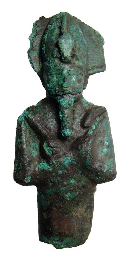 Egypt. Large bronze head and torso of Osiris: A large bronze head and torso of Osiris, 26th Dynasty, c. 664 - 525 BC, mummiform, wearing Atef crown with uraeus and false beard, arms crossed over chest, hands holding a crook and flail. Some losses