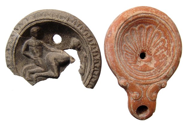 Roman lamp and a discus with an erotic scene: A nice Roman lamp and a discus with an erotic scene. The Roman orange-ware lamp features a scallop shell, 1st Century AD, it is mouldmade, the disc concave with narrow shoulders, the sides sharply car