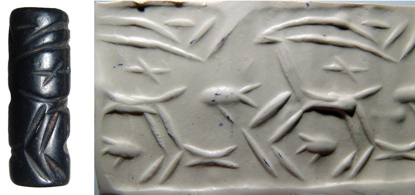 Uruk / Jamdat Nasr cylinder seal, Ex Edgar Banks: A nice Late Uruk / Jamdat Nasr cylinder seal, c. 3500 - 2900 BC, black steatite, the design consisting of a horned antelope standing to left, a fish before and between legs, cross over rump, geometric